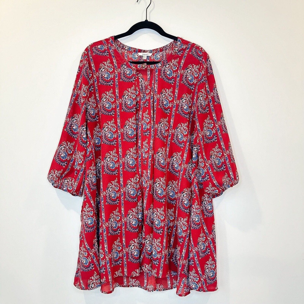 JODIFL Red Floral Shift Dress Bubble Sleeves Size Medium